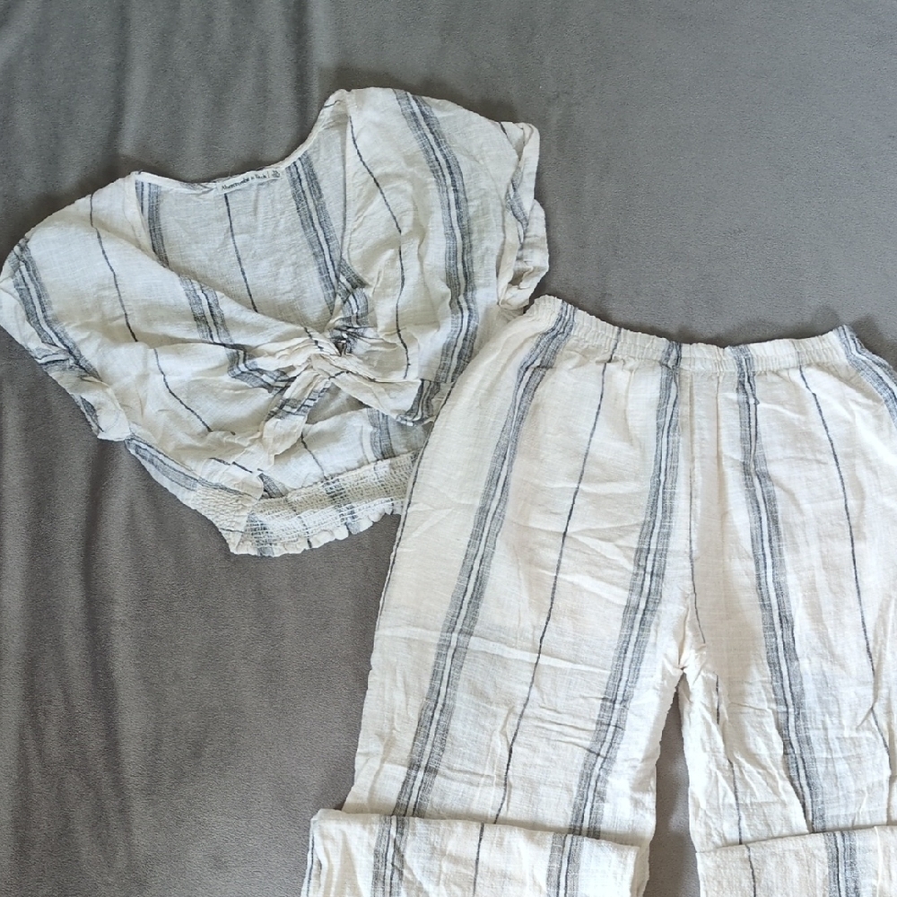 Striped Linen Jumpsuit - Gray and White